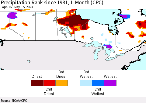 Canada Precipitation Rank since 1981, 1-Month (CPC) Thematic Map For 4/16/2023 - 5/15/2023