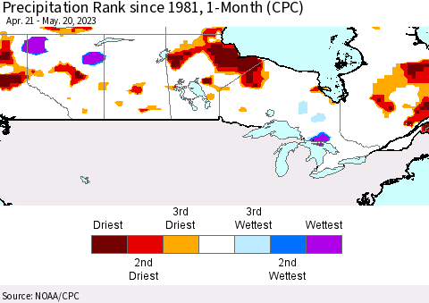 Canada Precipitation Rank since 1981, 1-Month (CPC) Thematic Map For 4/21/2023 - 5/20/2023