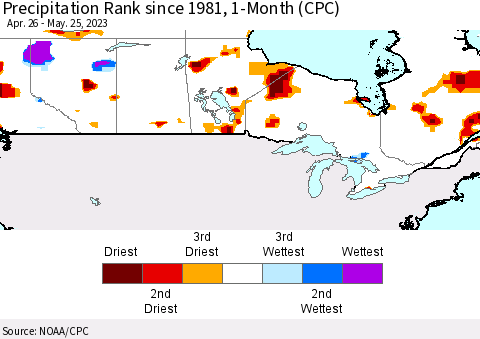 Canada Precipitation Rank since 1981, 1-Month (CPC) Thematic Map For 4/26/2023 - 5/25/2023
