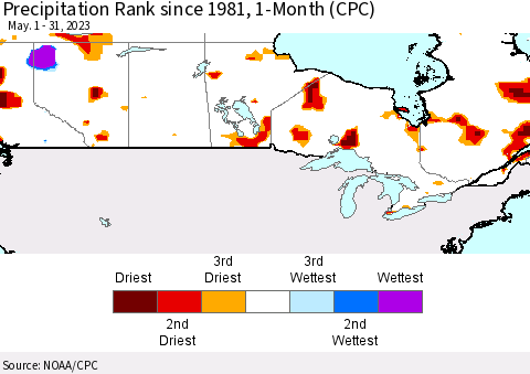 Canada Precipitation Rank since 1981, 1-Month (CPC) Thematic Map For 5/1/2023 - 5/31/2023
