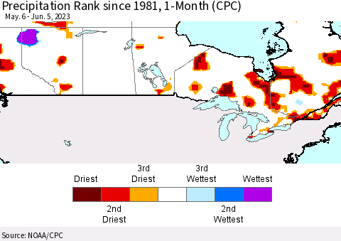 Canada Precipitation Rank since 1981, 1-Month (CPC) Thematic Map For 5/6/2023 - 6/5/2023