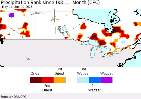 Canada Precipitation Rank since 1981, 1-Month (CPC) Thematic Map For 5/11/2023 - 6/10/2023