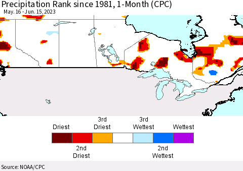 Canada Precipitation Rank since 1981, 1-Month (CPC) Thematic Map For 5/16/2023 - 6/15/2023