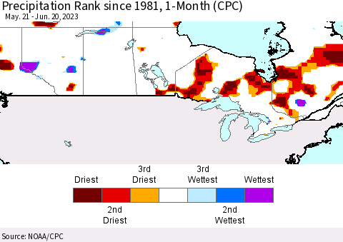 Canada Precipitation Rank since 1981, 1-Month (CPC) Thematic Map For 5/21/2023 - 6/20/2023