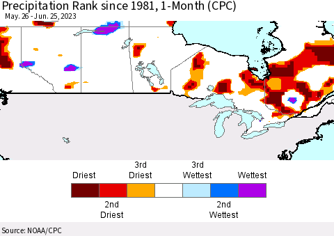 Canada Precipitation Rank since 1981, 1-Month (CPC) Thematic Map For 5/26/2023 - 6/25/2023