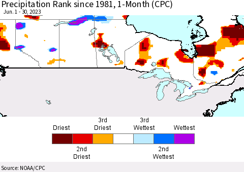 Canada Precipitation Rank since 1981, 1-Month (CPC) Thematic Map For 6/1/2023 - 6/30/2023