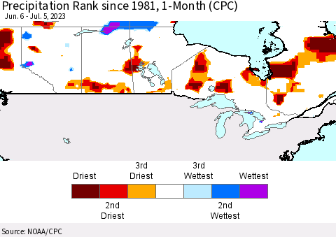 Canada Precipitation Rank since 1981, 1-Month (CPC) Thematic Map For 6/6/2023 - 7/5/2023