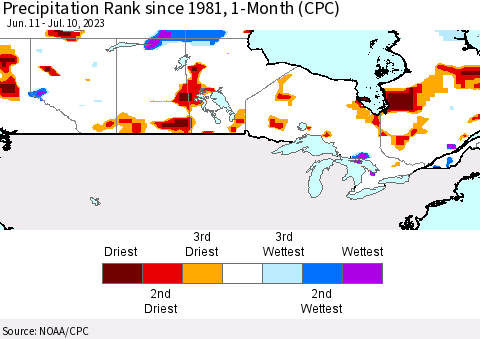 Canada Precipitation Rank since 1981, 1-Month (CPC) Thematic Map For 6/11/2023 - 7/10/2023