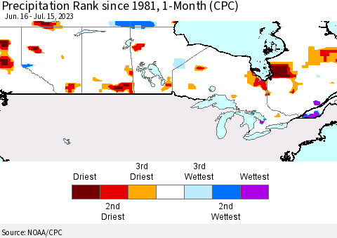 Canada Precipitation Rank since 1981, 1-Month (CPC) Thematic Map For 6/16/2023 - 7/15/2023