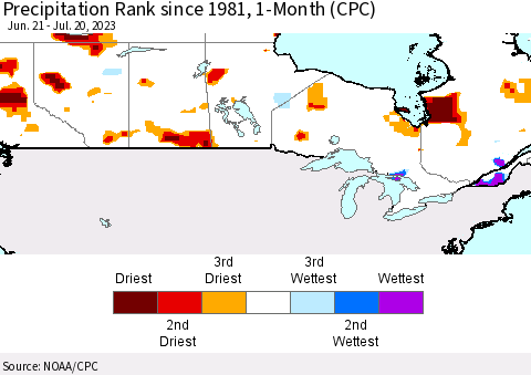 Canada Precipitation Rank since 1981, 1-Month (CPC) Thematic Map For 6/21/2023 - 7/20/2023