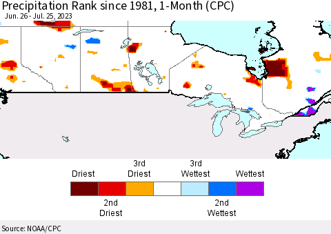 Canada Precipitation Rank since 1981, 1-Month (CPC) Thematic Map For 6/26/2023 - 7/25/2023