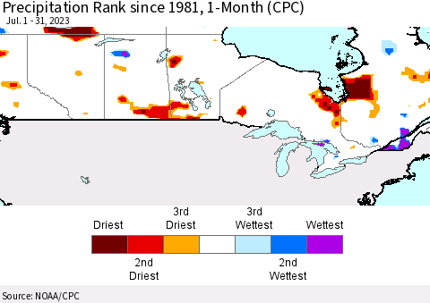 Canada Precipitation Rank since 1981, 1-Month (CPC) Thematic Map For 7/1/2023 - 7/31/2023