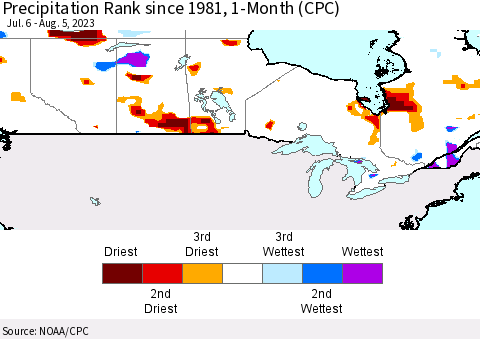 Canada Precipitation Rank since 1981, 1-Month (CPC) Thematic Map For 7/6/2023 - 8/5/2023