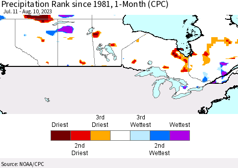 Canada Precipitation Rank since 1981, 1-Month (CPC) Thematic Map For 7/11/2023 - 8/10/2023