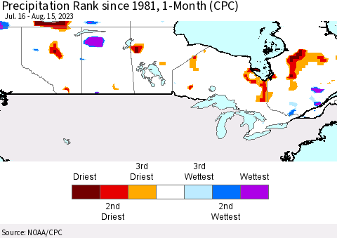 Canada Precipitation Rank since 1981, 1-Month (CPC) Thematic Map For 7/16/2023 - 8/15/2023