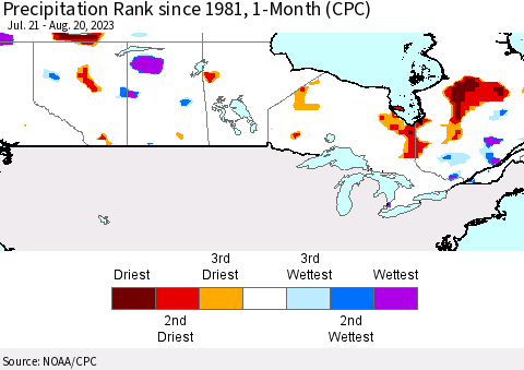 Canada Precipitation Rank since 1981, 1-Month (CPC) Thematic Map For 7/21/2023 - 8/20/2023