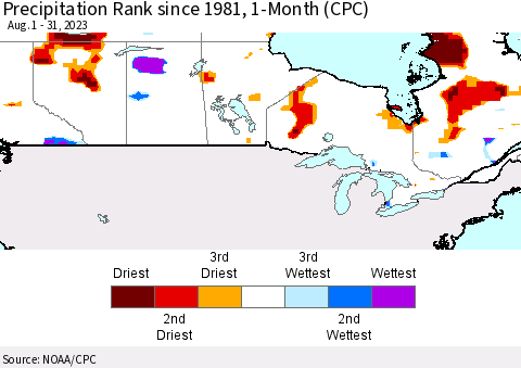 Canada Precipitation Rank since 1981, 1-Month (CPC) Thematic Map For 8/1/2023 - 8/31/2023