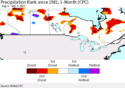 Canada Precipitation Rank since 1981, 1-Month (CPC) Thematic Map For 8/6/2023 - 9/5/2023