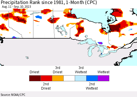Canada Precipitation Rank since 1981, 1-Month (CPC) Thematic Map For 8/11/2023 - 9/10/2023