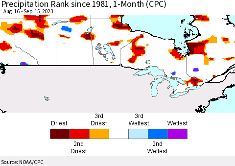 Canada Precipitation Rank since 1981, 1-Month (CPC) Thematic Map For 8/16/2023 - 9/15/2023