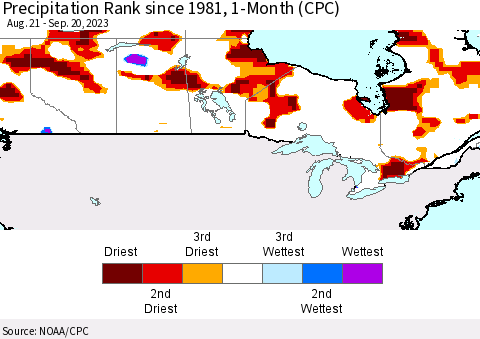 Canada Precipitation Rank since 1981, 1-Month (CPC) Thematic Map For 8/21/2023 - 9/20/2023