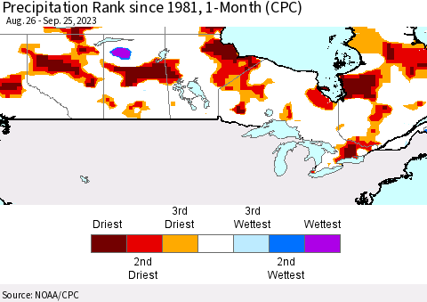 Canada Precipitation Rank since 1981, 1-Month (CPC) Thematic Map For 8/26/2023 - 9/25/2023