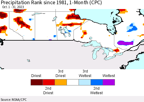 Canada Precipitation Rank since 1981, 1-Month (CPC) Thematic Map For 10/1/2023 - 10/31/2023