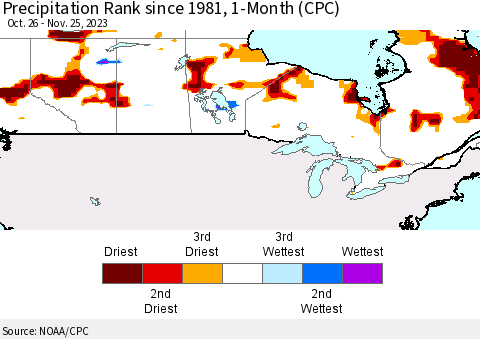 Canada Precipitation Rank since 1981, 1-Month (CPC) Thematic Map For 10/26/2023 - 11/25/2023
