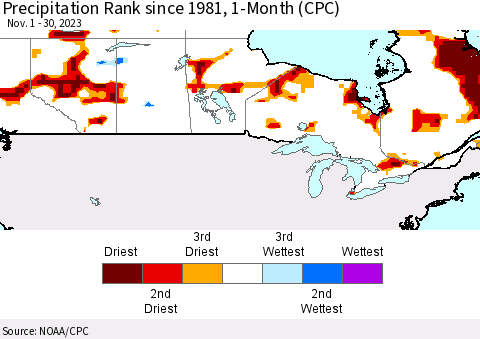 Canada Precipitation Rank since 1981, 1-Month (CPC) Thematic Map For 11/1/2023 - 11/30/2023