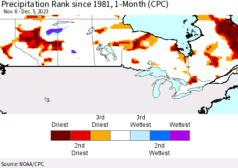 Canada Precipitation Rank since 1981, 1-Month (CPC) Thematic Map For 11/6/2023 - 12/5/2023