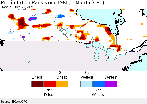 Canada Precipitation Rank since 1981, 1-Month (CPC) Thematic Map For 11/21/2023 - 12/20/2023