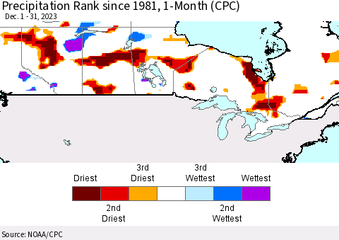 Canada Precipitation Rank since 1981, 1-Month (CPC) Thematic Map For 12/1/2023 - 12/31/2023