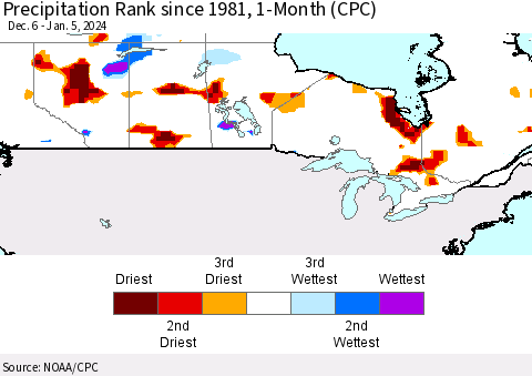 Canada Precipitation Rank since 1981, 1-Month (CPC) Thematic Map For 12/6/2023 - 1/5/2024