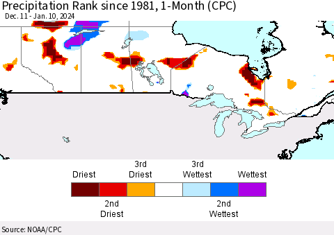 Canada Precipitation Rank since 1981, 1-Month (CPC) Thematic Map For 12/11/2023 - 1/10/2024