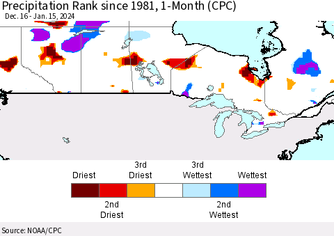 Canada Precipitation Rank since 1981, 1-Month (CPC) Thematic Map For 12/16/2023 - 1/15/2024