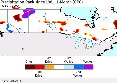 Canada Precipitation Rank since 1981, 1-Month (CPC) Thematic Map For 1/1/2024 - 1/31/2024