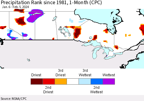 Canada Precipitation Rank since 1981, 1-Month (CPC) Thematic Map For 1/6/2024 - 2/5/2024