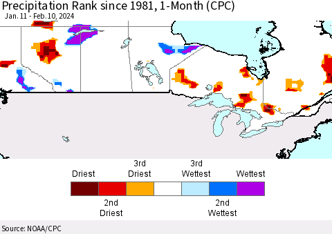 Canada Precipitation Rank since 1981, 1-Month (CPC) Thematic Map For 1/11/2024 - 2/10/2024