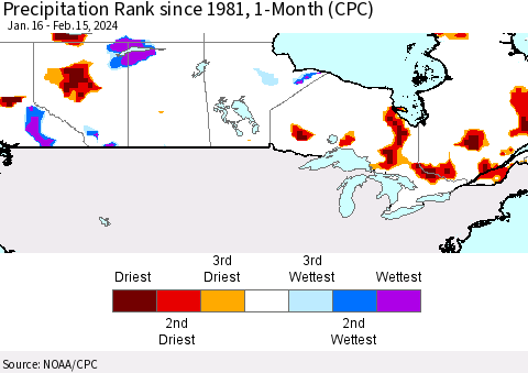 Canada Precipitation Rank since 1981, 1-Month (CPC) Thematic Map For 1/16/2024 - 2/15/2024