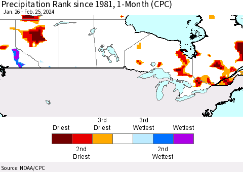 Canada Precipitation Rank since 1981, 1-Month (CPC) Thematic Map For 1/26/2024 - 2/25/2024