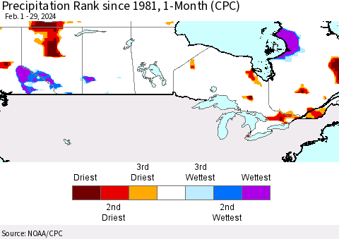 Canada Precipitation Rank since 1981, 1-Month (CPC) Thematic Map For 2/1/2024 - 2/29/2024