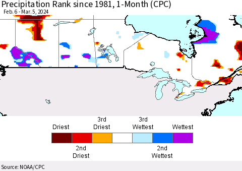 Canada Precipitation Rank since 1981, 1-Month (CPC) Thematic Map For 2/6/2024 - 3/5/2024