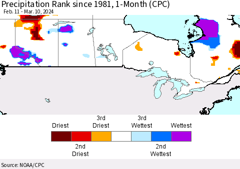 Canada Precipitation Rank since 1981, 1-Month (CPC) Thematic Map For 2/11/2024 - 3/10/2024