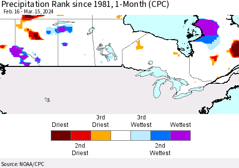 Canada Precipitation Rank since 1981, 1-Month (CPC) Thematic Map For 2/16/2024 - 3/15/2024