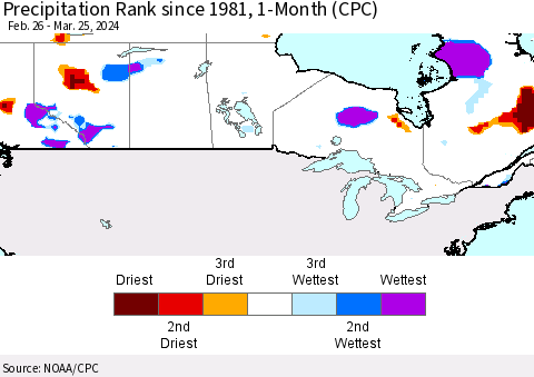 Canada Precipitation Rank since 1981, 1-Month (CPC) Thematic Map For 2/26/2024 - 3/25/2024