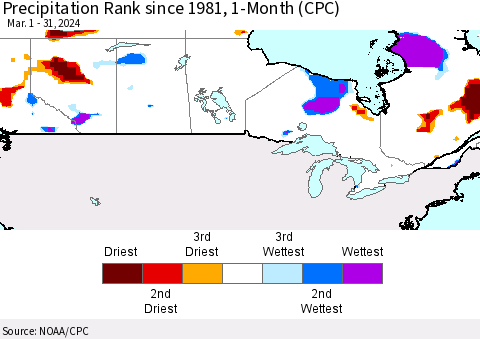 Canada Precipitation Rank since 1981, 1-Month (CPC) Thematic Map For 3/1/2024 - 3/31/2024