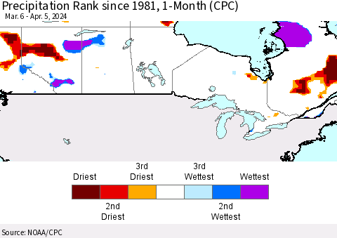 Canada Precipitation Rank since 1981, 1-Month (CPC) Thematic Map For 3/6/2024 - 4/5/2024