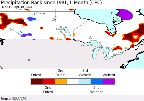 Canada Precipitation Rank since 1981, 1-Month (CPC) Thematic Map For 3/11/2024 - 4/10/2024
