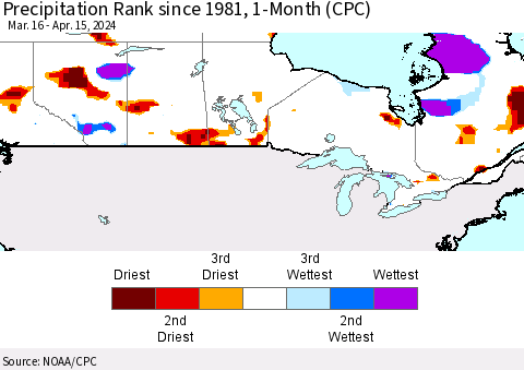 Canada Precipitation Rank since 1981, 1-Month (CPC) Thematic Map For 3/16/2024 - 4/15/2024
