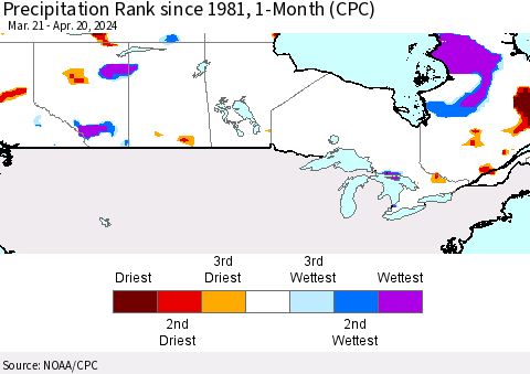 Canada Precipitation Rank since 1981, 1-Month (CPC) Thematic Map For 3/21/2024 - 4/20/2024
